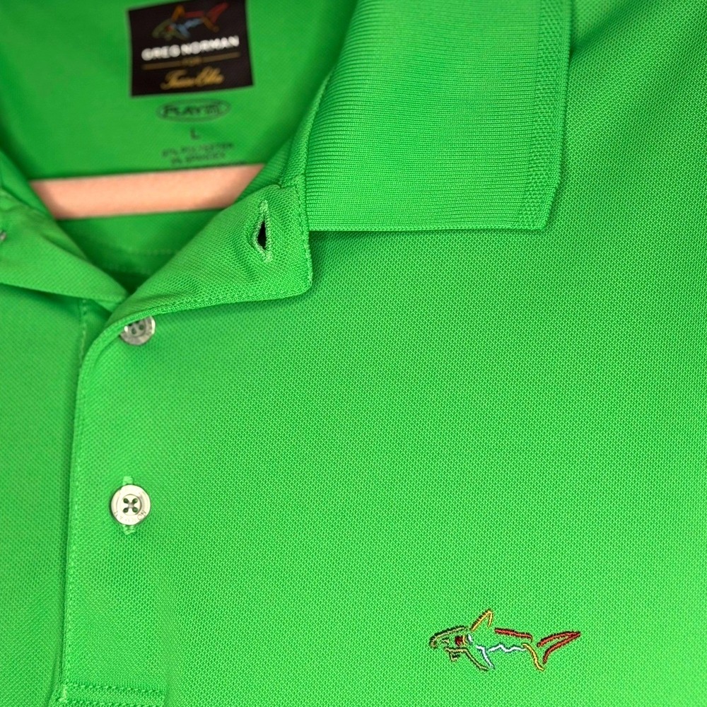 Greg Norman Tasso Elba Mens L Green PlayDry Golf Polo Shirt Shark Logo